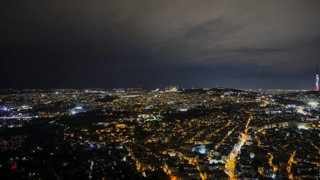 A captivating night aerial view of Istanbul's illuminated skyline with iconic landmarks visible.