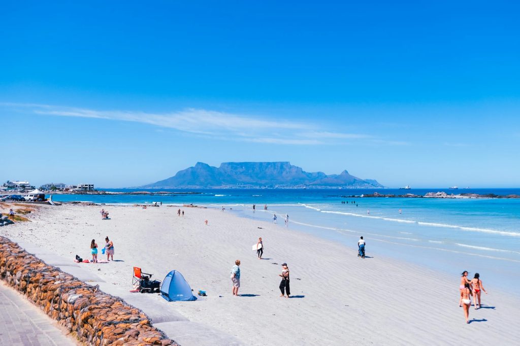 sunny day at cape town beach with table mountain