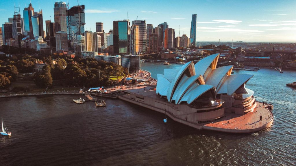 drone shot of the famous sydney opera house in australia